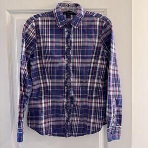 Brooks Brothers 346 Plaid Button-Up Shirt Ruffle Front Size 2 Cotton